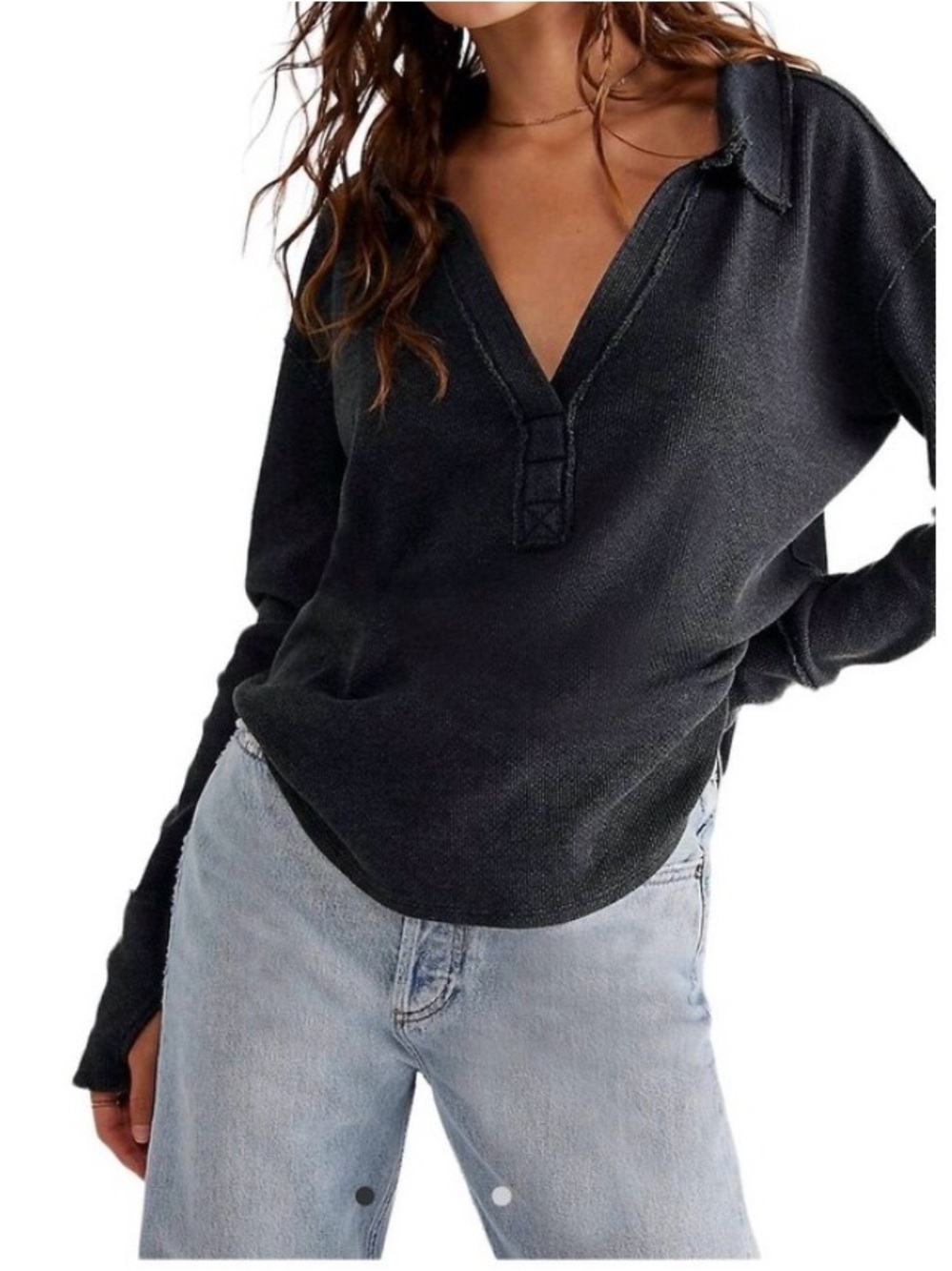 Free People V-Neck Washed Black Long-Sleeve Top